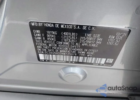 2022 Honda Hr-V 2Wd Lx z USA, uszkodzony, nr VIN 3CZRU5H33NM725078